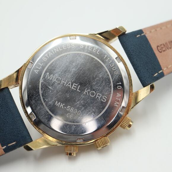 Michael Kors Layton Glitz Gold Black Chronograph 44mm Watch Blue Leather Strap - Picture 15 of 15